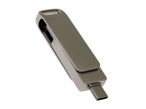 USB 2.0- флешка на 16 Гб поворотный механизм 2 в 1, c дополнительным разъемом Type-C с одноцветным металлическим клипом, серый - рис 2.