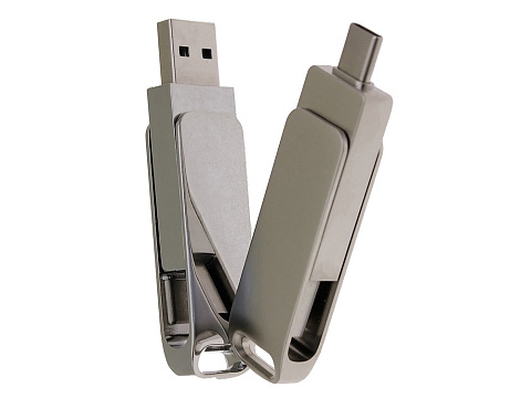 USB 2.0- флешка на 16 Гб поворотный механизм 2 в 1, c дополнительным разъемом Type-C с одноцветным металлическим клипом, серый - рис 5.