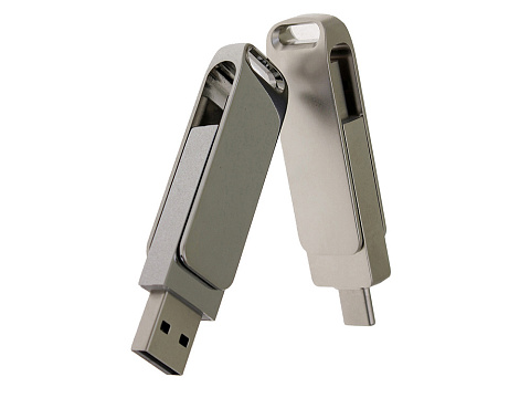 USB 3.0- флешка на 32 Гб поворотный механизм 2 в 1, c дополнительным разъемом Type-C с одноцветным металлическим клипом, серый - рис 4.