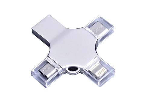 USB-флешка на 256 Гб 4 в 1 поворотный механизм, c дополнительными разъемами MicroUSB, TypeC и Lightning, серебристый - рис 2.