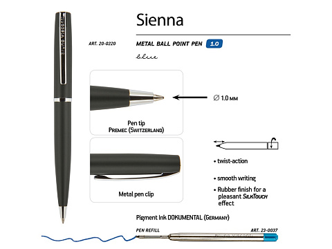 Ручка Sienna шариковая  автоматическая, черный металлический корпус soft-touch, 1.0 мм, синяя - рис 3.